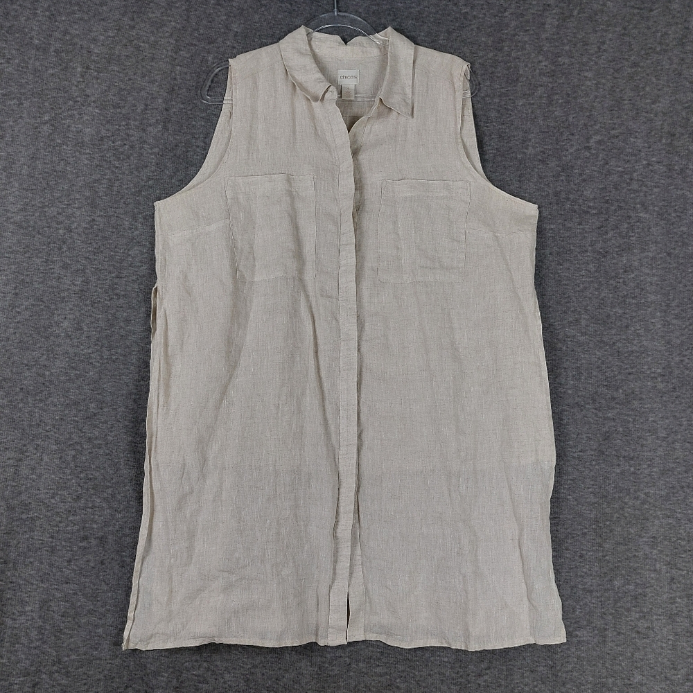 CHICOS WOMENS TAN 100% LINEN SLEEVELESS BUTTON FRONT LAYERED TUNIC TOP SIZE 3